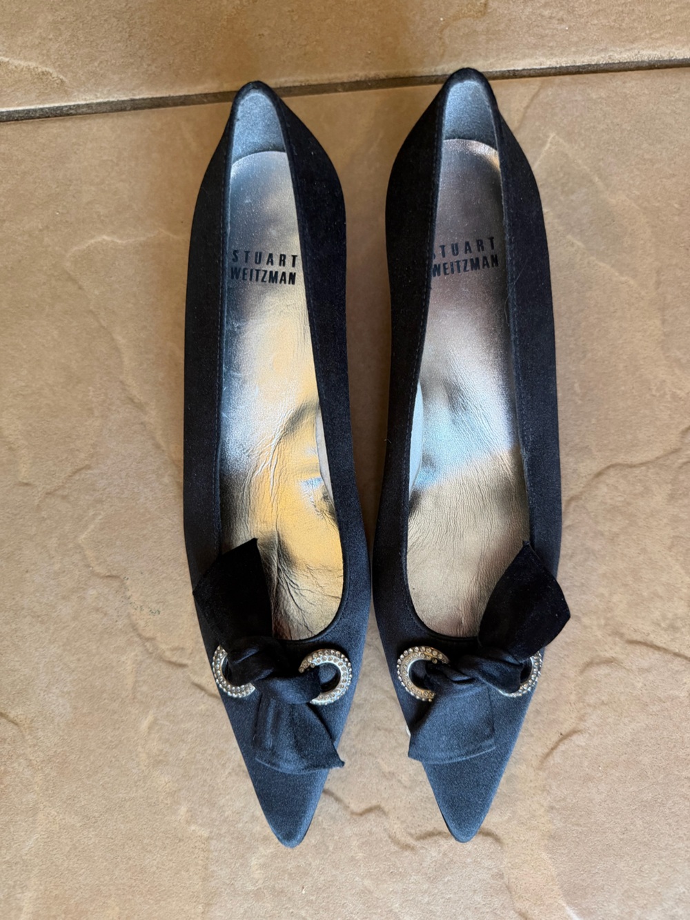 Stuart Weitzman Black Bow Flats with Crystal Buckle
